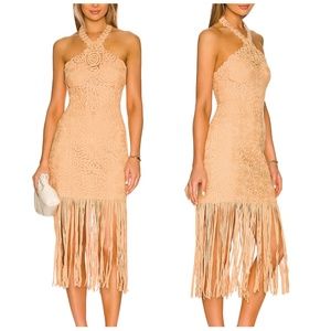 NWT Jonathan Simkhai Alisa Fringe Midi Crochet Dress Size 6 Rattan NEW